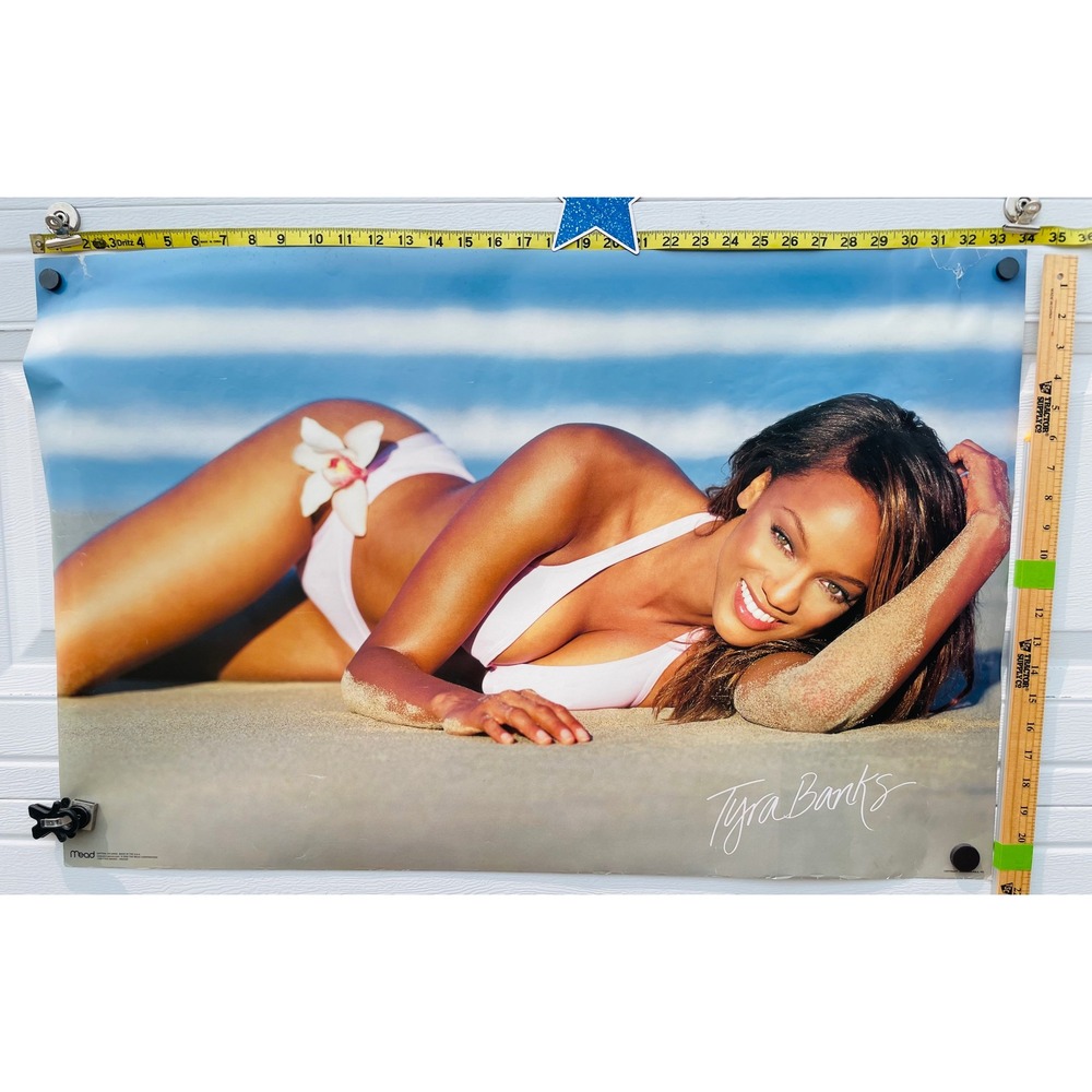Vintage 2000 Tyra Banks Orchid Bikini Swimsuit Poster 34.5x22.5 Supermodel Pinup